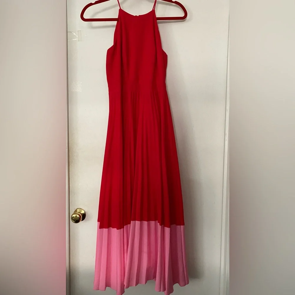 Adian Mattox Pleated Halter Midi Dress, pink and red, 0 - Picture 6 of 7